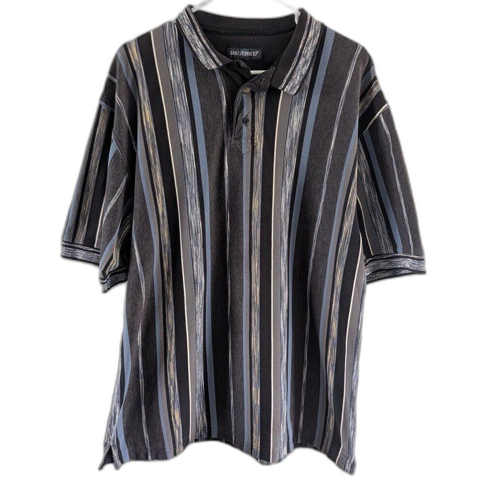 Vintage 90s Siegfried Gray/Blue Vertical Striped Polo Baggy Oversized Retro LG